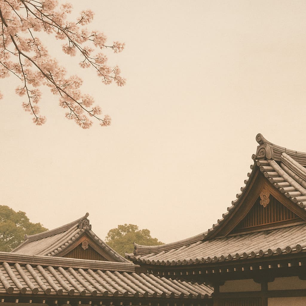 Sakura tree over a traditional Japanse House